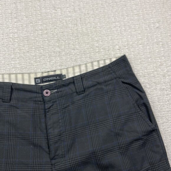 Oneill Board Shorts Mens 34 Grey / Blue Plaid Relaxed Skater Cargo Beach - Picture 2 of 12